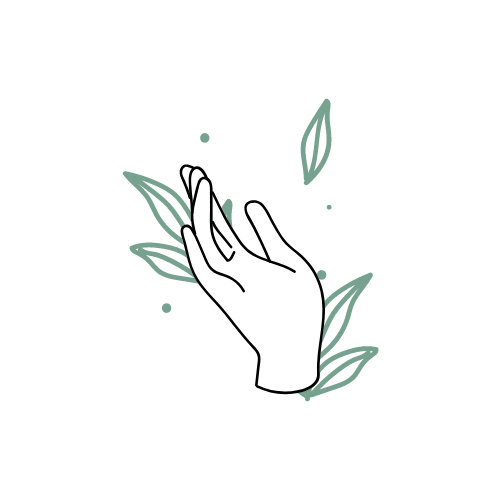 Ein Icon aus schwarzen Linien, das eine Hand mit grünen Blättern darstellt