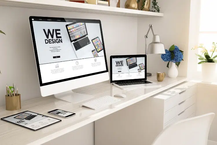 Ein Imagebild mit einem Schreibtisch auf dem ein PC, ein Laptop und ein Tablet liegen. Es ist das Titelbild zum Thema "Was kostet eine Website in österreich 2024"